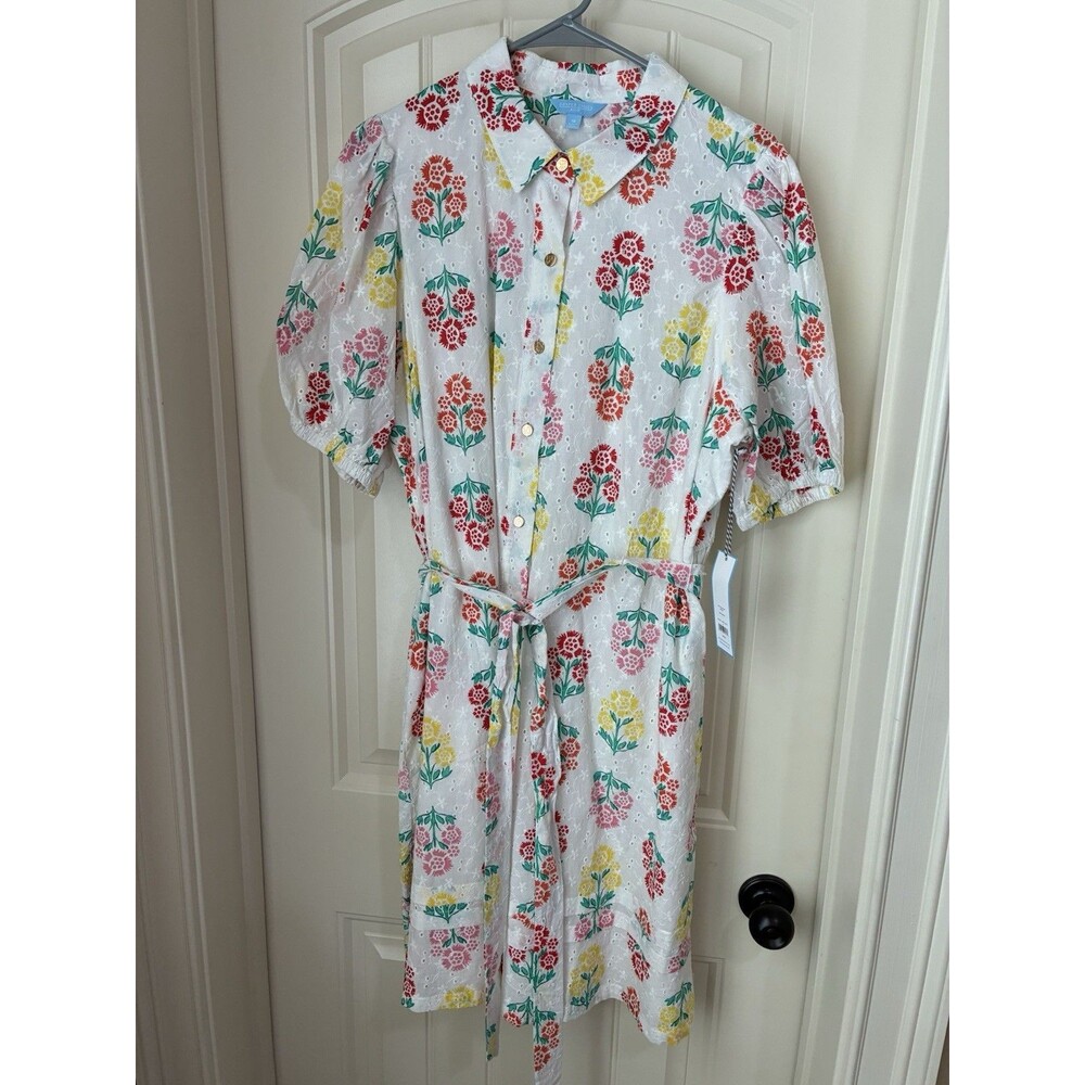 Floral Button-Front Shirt Dress in White with Red, Pink & Yellow Flowers